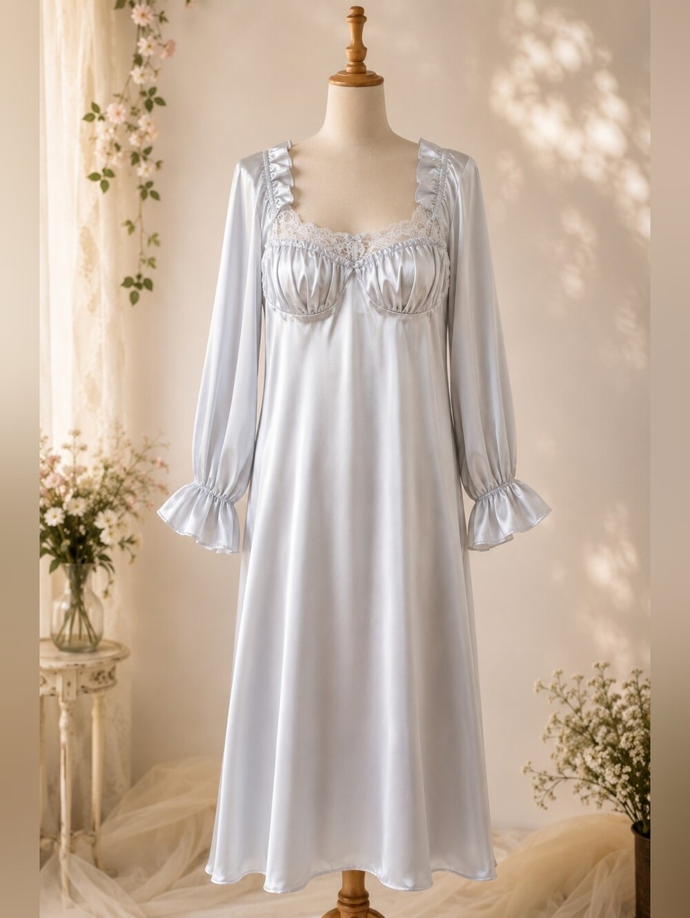 Lace-Trim Nightgown Satin Feminine Medium